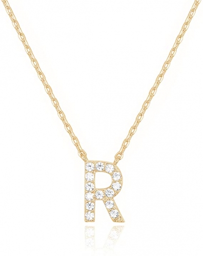 Landou Jewelry 925 Sterling Silver 18K Gold Plated Cubic Zirconia Letter R Necklace