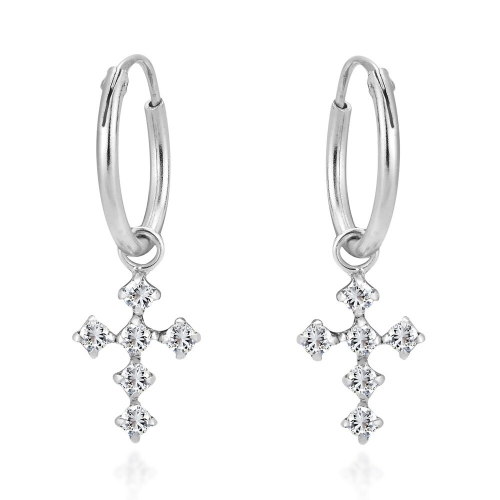 Landou Jewelry Handmade Gothic Cross Clear Cubic Zirconia Sterling Silver Hoop Dangle Earrings