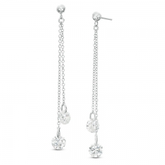 6mm Cubic Zirconia Asymmetrical Double Chain Drop Earrings in Sterling Silver