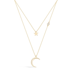 Landou Jewelry 925 Sterling Silver 14K Gold Plated Celestial Moon and Star Cubic Zirconia Set Double Chain Necklace