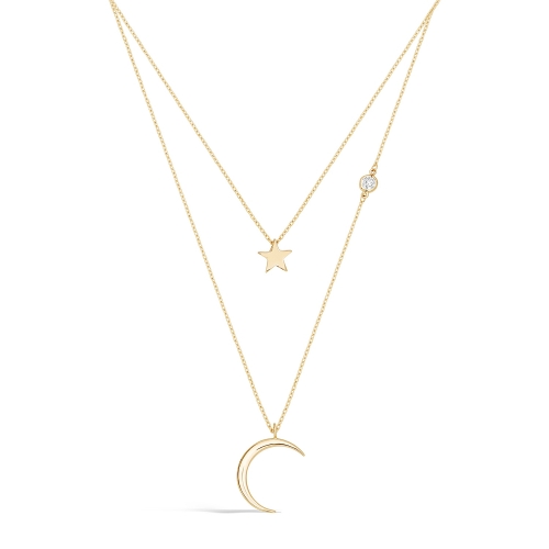 Landou Jewelry 925 Sterling Silver 14K Gold Plated Celestial Moon and Star Cubic Zirconia Set Double Chain Necklace