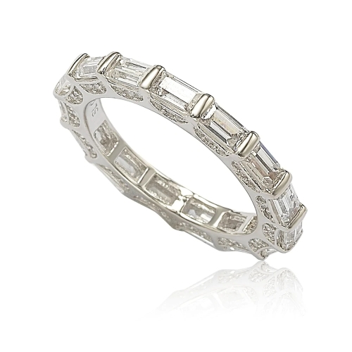 Landou Jewelry Sterling Silver Petite Bagguette Cubic Zirconia Eternity Band Ring