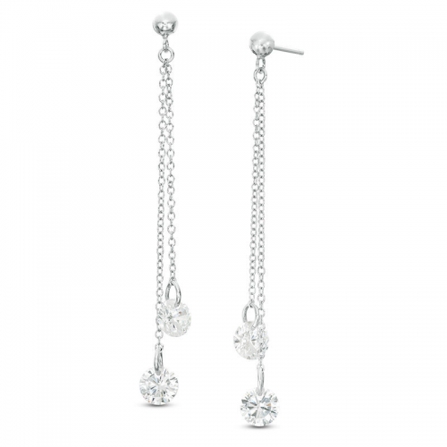 6mm Cubic Zirconia Asymmetrical Double Chain Drop Earrings in Sterling Silver