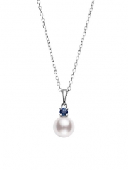 Landou Jewelry 18K White Gold, 7.5mm Round Akoya AAA Pearl & Blue Sapphire Pendant Necklace