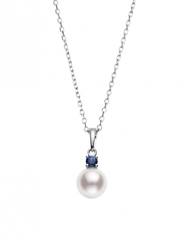 Landou Jewelry 18K White Gold, 7.5mm Round Akoya AAA Pearl & Blue Sapphire Pendant Necklace