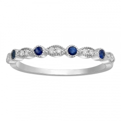 White Gold Blue Sapphires and Cubic Zirconia Vintage Band Ring by Landou Jewelry