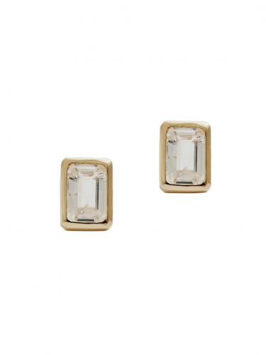 14K Gold White Topaz Emerald Cut Solitaire Stone Stud Earrings