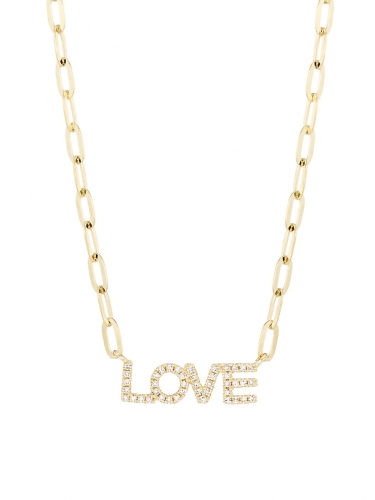 14K Yellow Gold Diamond Paperclip Chain Love Necklace