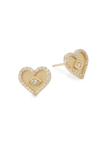 14K Yellow Gold Fake Diamond Evil Eye Heart Stud Earrings