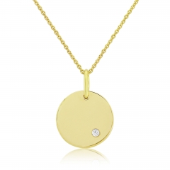 Yellow Gold Cubic Zirconia Engraving Disc Pendant Necklace