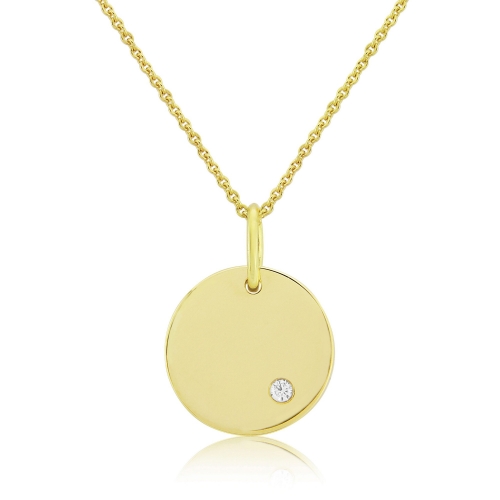 Yellow Gold Cubic Zirconia Engraving Disc Pendant Necklace