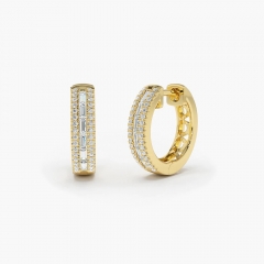 14K Pave Diamond and Baguette Hoop Earrings