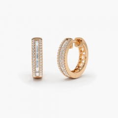 14K Pave Diamond and Baguette Hoop Earrings