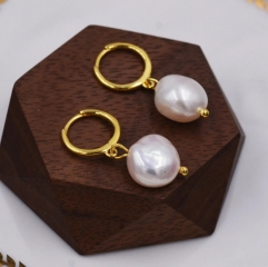 Sterling Silver Baroque Pearl Huggie Hoop Earrings, Drop Earrings with 18ct Gold Plate, Genuine Freshwater Pearls, Irregular Pearls