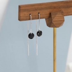Black CZ Dot Threader Earrings in Sterling Silver, Minimalist Ear Threaders, Black Cubic Zirconia Threaders