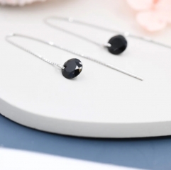 Black CZ Dot Threader Earrings in Sterling Silver, Minimalist Ear Threaders, Black Cubic Zirconia Threaders