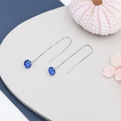 Sapphire Blue CZ Dot Threader Earrings in Sterling Silver, Minimalist Ear Threader, September Birthstone