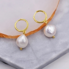 Sterling Silver Baroque Pearl Huggie Hoop Earrings, Drop Earrings with 18ct Gold Plate, Genuine Freshwater Pearls, Irregular Pearls