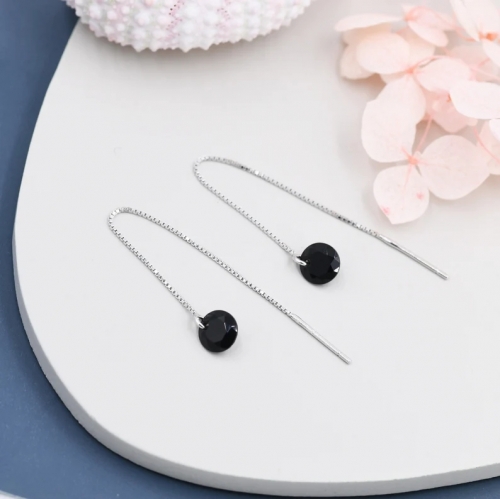 Black CZ Dot Threader Earrings in Sterling Silver, Minimalist Ear Threaders, Black Cubic Zirconia Threaders