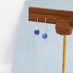 Sapphire Blue CZ Dot Threader Earrings in Sterling Silver, Minimalist Ear Threader, September Birthstone