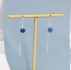 Sapphire Blue CZ Dot Threader Earrings in Sterling Silver, Minimalist Ear Threader, September Birthstone