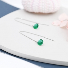 Emerald Green CZ Dot Threader Earrings in Sterling Silver, Minimalist Ear Threader, May Birthstone