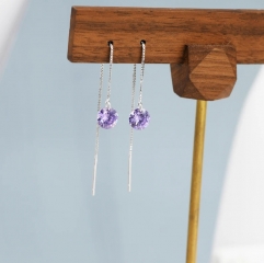 Amethyst Purple CZ Dot Threader Earrings in Sterling Silver, Minimalist Ear Threaders, Sparkly Crystal Threaders, February Birthstone