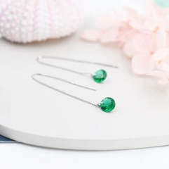 Emerald Green CZ Dot Threader Earrings in Sterling Silver, Minimalist Ear Threader, May Birthstone
