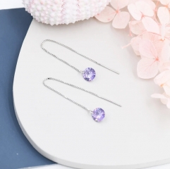 Amethyst Purple CZ Dot Threader Earrings in Sterling Silver, Minimalist Ear Threaders, Sparkly Crystal Threaders, February Birthstone