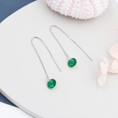 Emerald Green CZ Dot Threader Earrings in Sterling Silver, Minimalist Ear Threader, May Birthstone