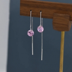 Alexandrite Pink CZ Dot Threader Earrings in Sterling Silver, Minimalist Ear Threader, October Birthstone