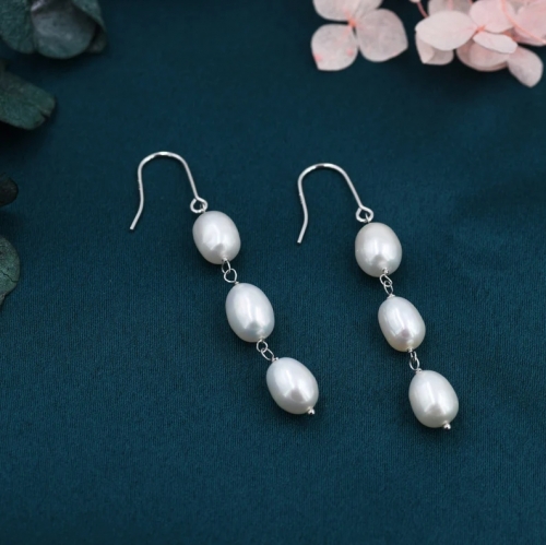 Baroque Pearl Trio Drop Hook Earrings in Sterling Silver, Silver or Gold, Long Pearl Drop Earrings, Natural Keshi Freshwater Pearl Earrings