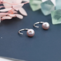 Lilac Purple Pearl Huggie Hoops in Sterling Silver, Genuine Freshwater Pearl Semi Hoop Earrings, Open Hoop Earrings, Natural Pearl Hoops