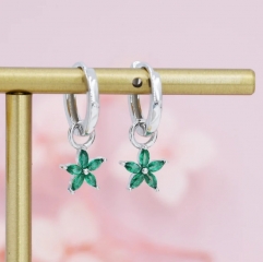 Emerald Green Flower CZ Huggie Hoop in Sterling Silver, Silver or Gold, Minimalist Simple Hoop Earrings, Detachable and Interchangeable