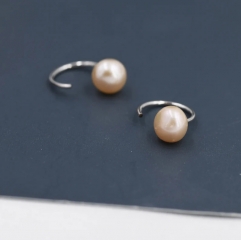 Pink Pearl Huggie Hoops in Sterling Silver, Genuine Freshwater Pearl Semi Hoop Earrings, Open Hoop Earrings, Natural Pearl Hoops
