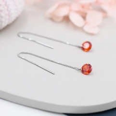 Garnet Red CZ Dot Threader Earrings in Sterling Silver, Minimalist Ear Threader, January Birthstone