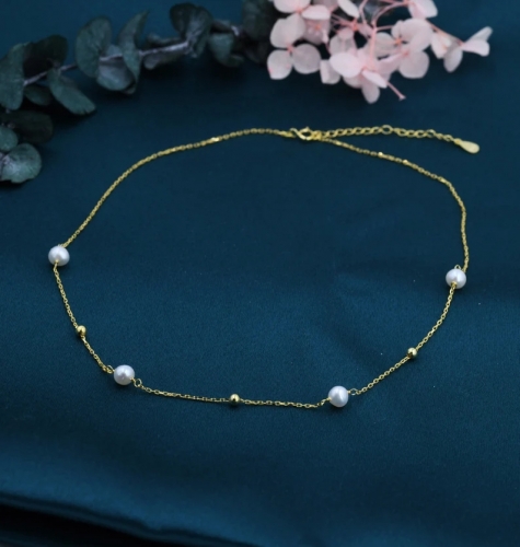 Genuine Pearl Choker Necklace in Sterling Silver, Silver or Gold, Genuine Freshwater Pearls, Natural Keshi Pearl Necklace, Satellite Beaded