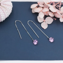 Alexandrite Pink CZ Dot Threader Earrings in Sterling Silver, Minimalist Ear Threader, October Birthstone