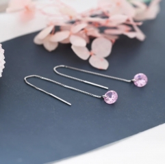 Alexandrite Pink CZ Dot Threader Earrings in Sterling Silver, Minimalist Ear Threader, October Birthstone