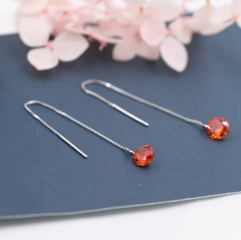 Garnet Red CZ Dot Threader Earrings in Sterling Silver, Minimalist Ear Threader, January Birthstone