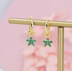 Emerald Green Flower CZ Huggie Hoop in Sterling Silver, Silver or Gold, Minimalist Simple Hoop Earrings, Detachable and Interchangeable