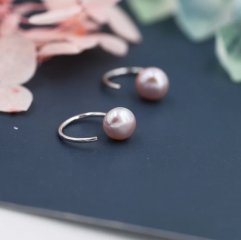 Lilac Purple Pearl Huggie Hoops in Sterling Silver, Genuine Freshwater Pearl Semi Hoop Earrings, Open Hoop Earrings, Natural Pearl Hoops