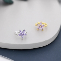 Lilac Purple CZ Flower Ear Cuff in Sterling Silver, Silver or Gold, Simple Piercing Free Earrings, Minimalist Ear Cuff