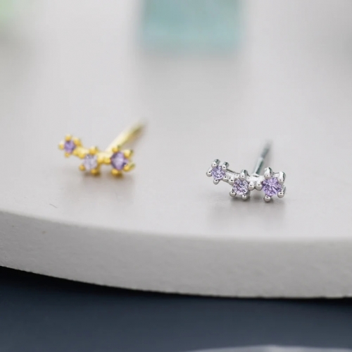 Extra Tiny Alexandrite CZ Trio Stud Earrings in Sterling Silver, Silver or Gold, Tiny Three Star CZ Earrings, Stacking Earrings