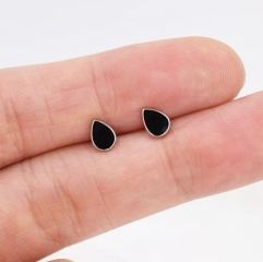 Black Droplet Dot Stud Earrings in Sterling Silver with Hand Painted Enamel, Black Stud, Enamel Droplet, Drop Shape