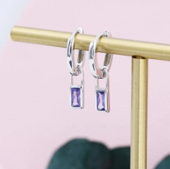 Alexandrite Purple Baguette CZ Huggie Hoop in Sterling Silver, Silver or Gold, CZ Minimalist Hoop Earrings, Detachable and Interchangeable