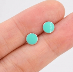 Teal Green Circle Dot Stud Earrings in Sterling Silver with Hand Painted Enamel, Pastel Stud, Enamel Dot, 6mm