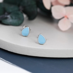 Blue Droplet Dot Stud Earrings in Sterling Silver with Hand Painted Enamel, Blue Stud, Enamel Droplet, Drop Shape