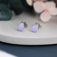 Purple Droplet Dot Stud Earrings in Sterling Silver with Hand Painted Enamel, Purple Stud, Enamel Droplet, Drop Shape