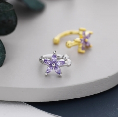 Lilac Purple CZ Flower Ear Cuff in Sterling Silver, Silver or Gold, Simple Piercing Free Earrings, Minimalist Ear Cuff